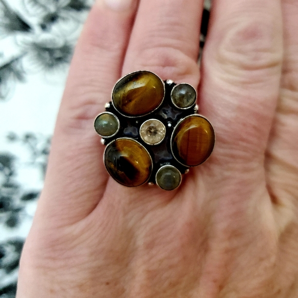 New Tiger Eye, Labradorite and Morganite 925 Silver Ring. - Picture 5 of 10
